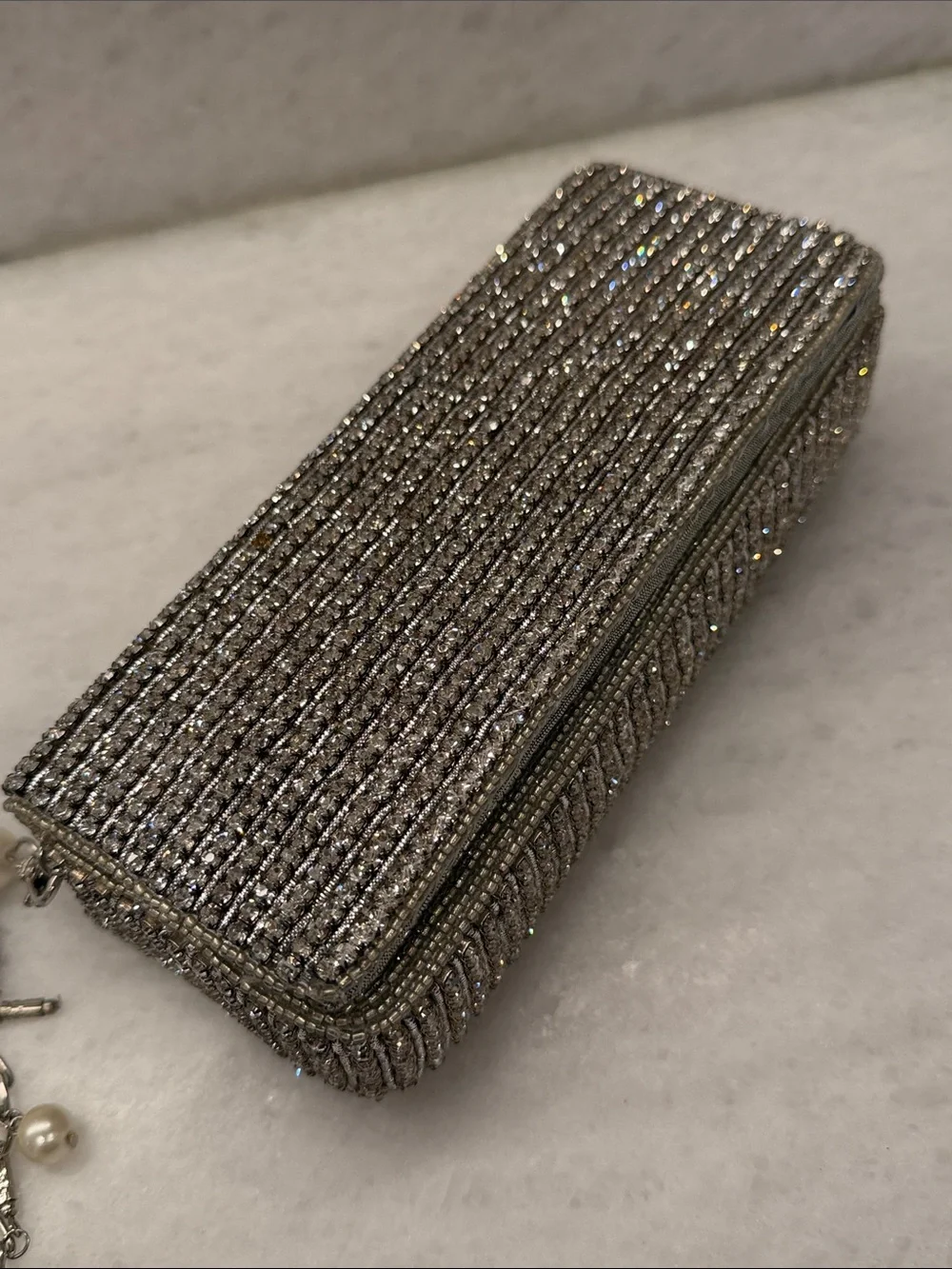 Silver Crystal Evening Clutch with Pearl Tassel